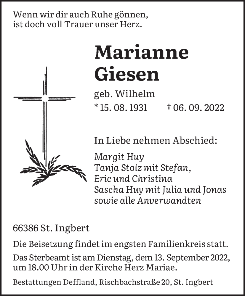  Traueranzeige für Marianne Giesen vom 10.09.2022 aus saarbruecker_zeitung