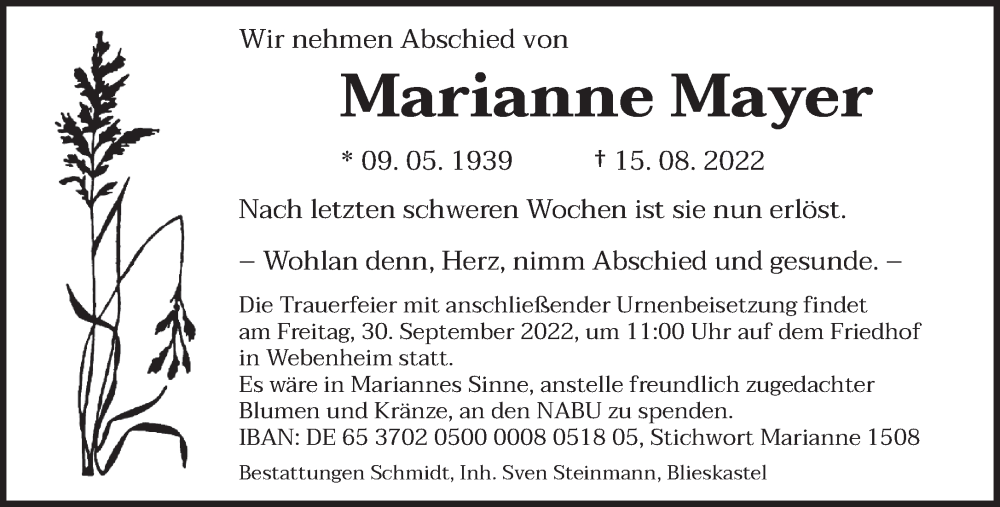  Traueranzeige für Marianne Mayer vom 23.09.2022 aus saarbruecker_zeitung