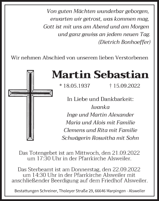 Traueranzeige von Martin Sebastian von saarbruecker_zeitung