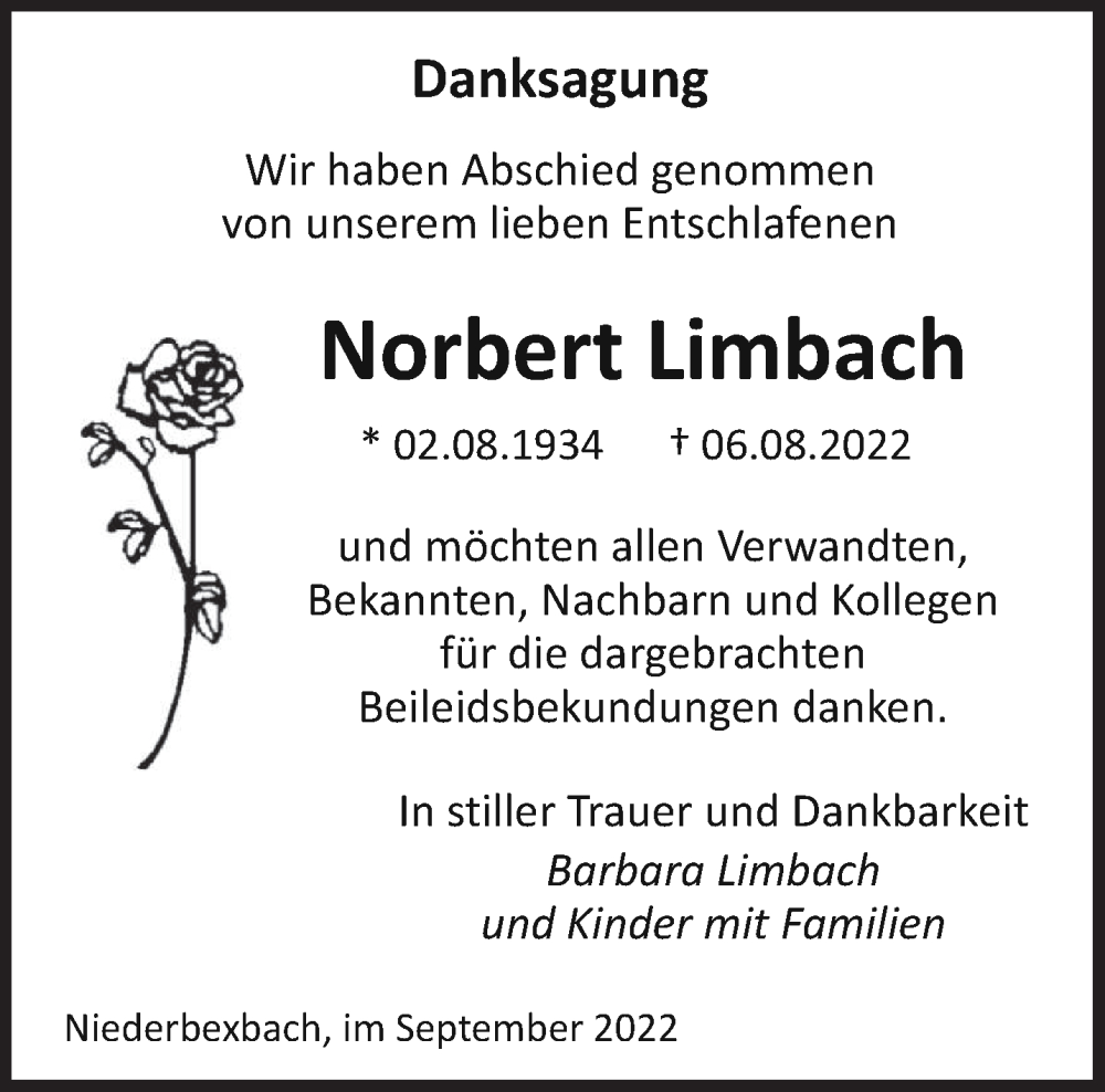  Traueranzeige für Norbert Limbach vom 10.09.2022 aus saarbruecker_zeitung