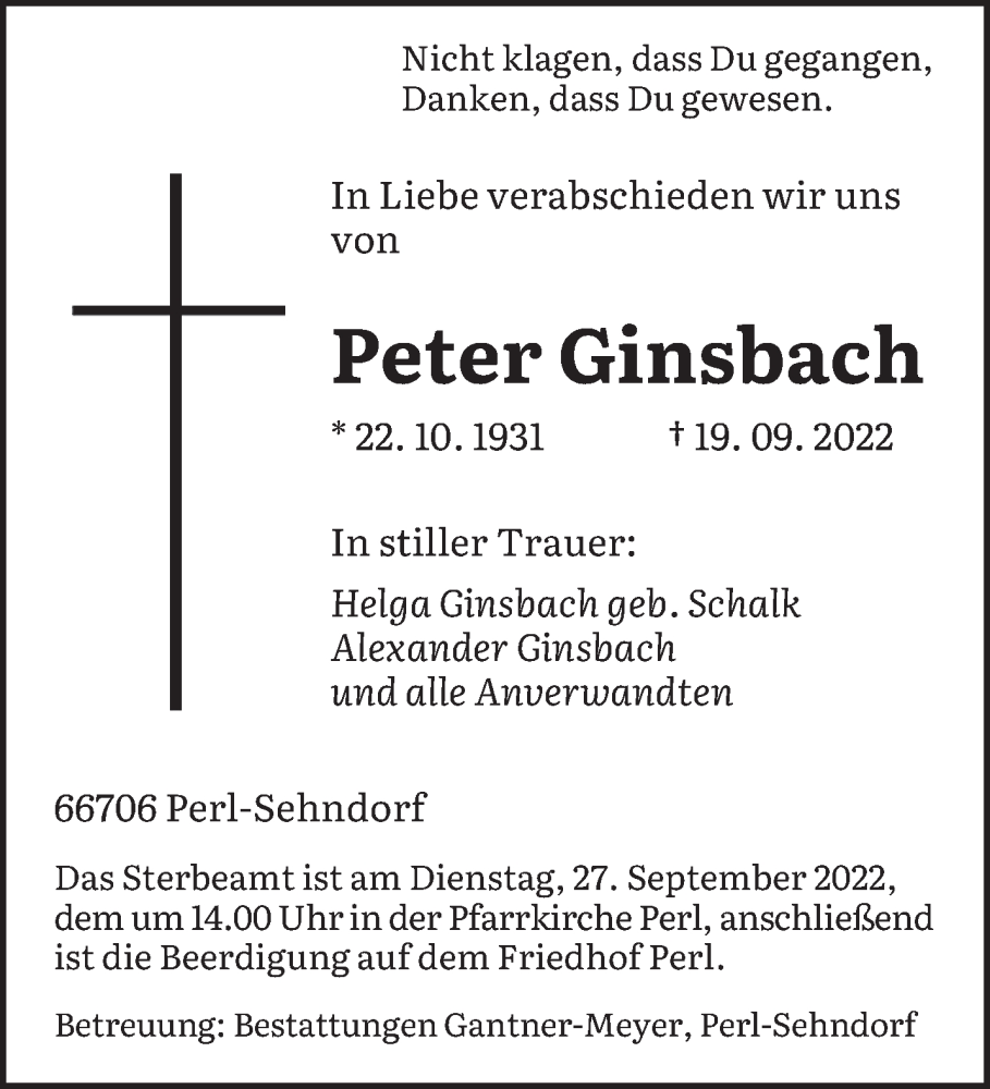  Traueranzeige für Peter Ginsbach vom 21.09.2022 aus saarbruecker_zeitung