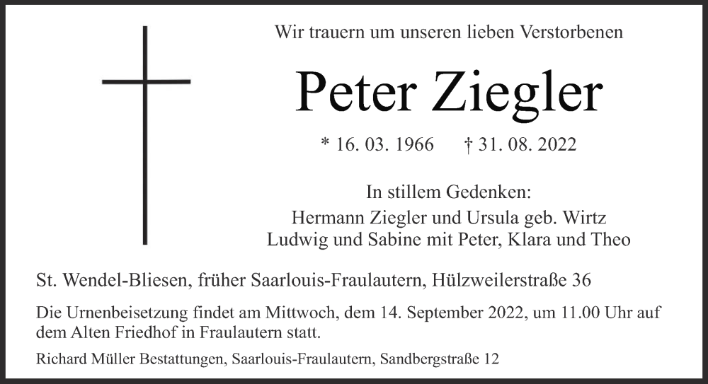  Traueranzeige für Peter Ziegler vom 10.09.2022 aus saarbruecker_zeitung