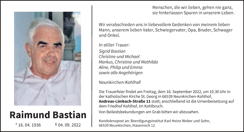  Traueranzeige für Raimund Bastian vom 10.09.2022 aus saarbruecker_zeitung