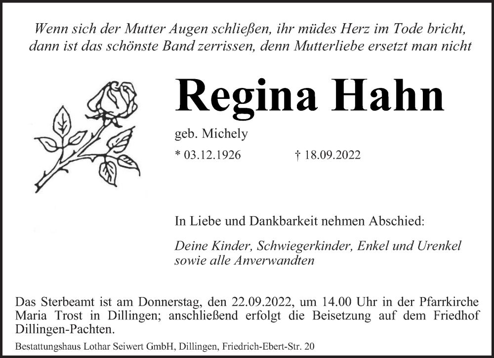  Traueranzeige für Regina Hahn vom 20.09.2022 aus saarbruecker_zeitung