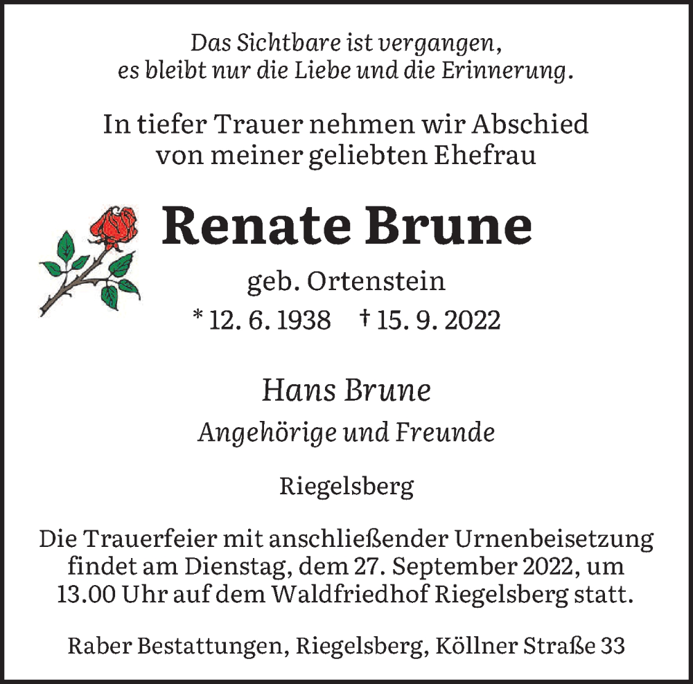  Traueranzeige für Renate Brune vom 21.09.2022 aus saarbruecker_zeitung