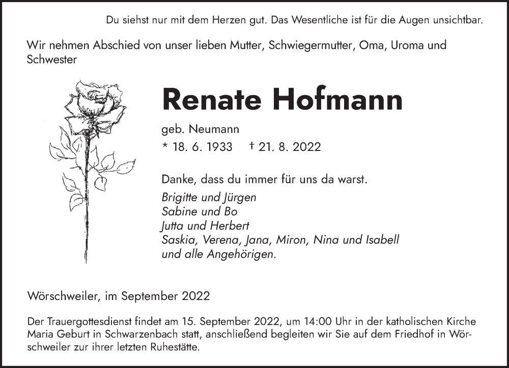  Traueranzeige für Renate Hofmann vom 08.09.2022 aus saarbruecker_zeitung