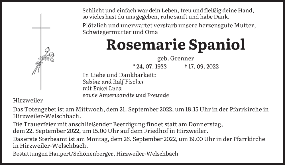  Traueranzeige für Rosemarie Spaniol vom 20.09.2022 aus saarbruecker_zeitung