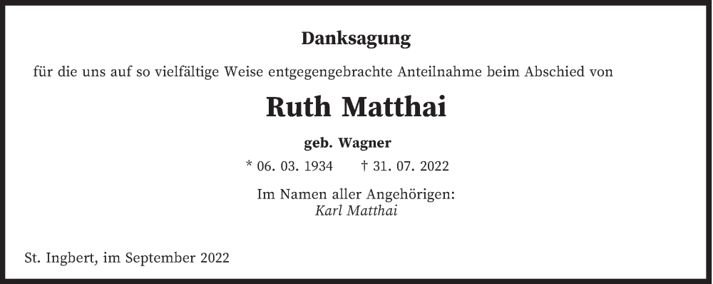  Traueranzeige für Ruth Matthai vom 16.09.2022 aus saarbruecker_zeitung