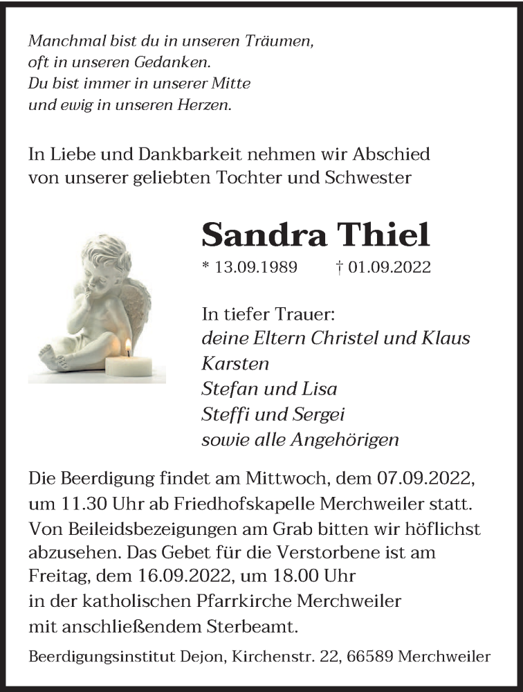  Traueranzeige für Sandra Thiel vom 03.09.2022 aus saarbruecker_zeitung