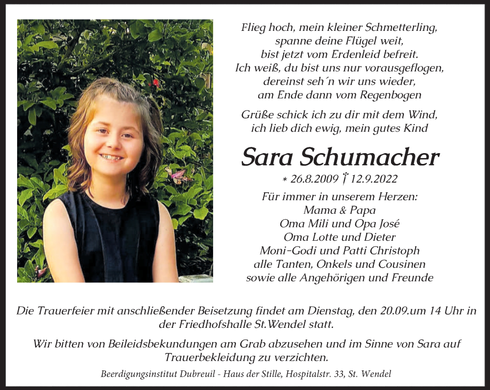  Traueranzeige für Sara Schumacher vom 17.09.2022 aus saarbruecker_zeitung