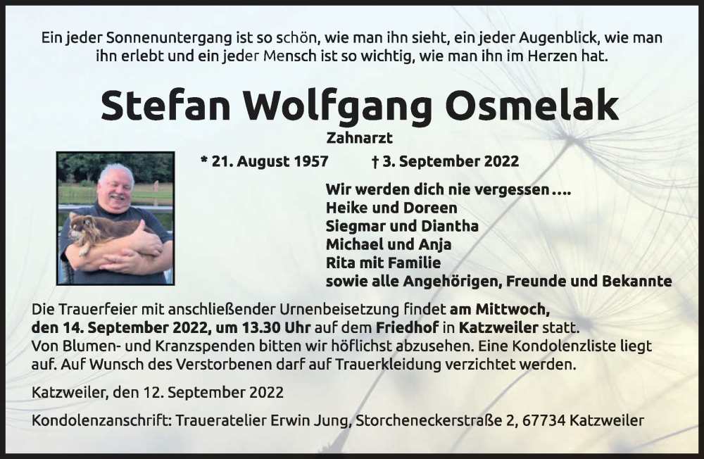  Traueranzeige für Stefan Wolfgang Osmelak vom 12.09.2022 aus saarbruecker_zeitung