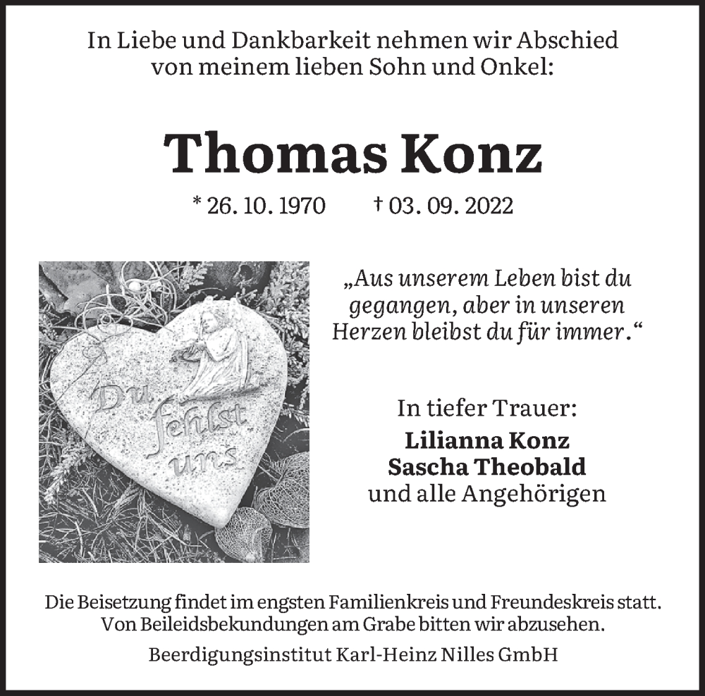  Traueranzeige für Thomas Konz vom 10.09.2022 aus saarbruecker_zeitung