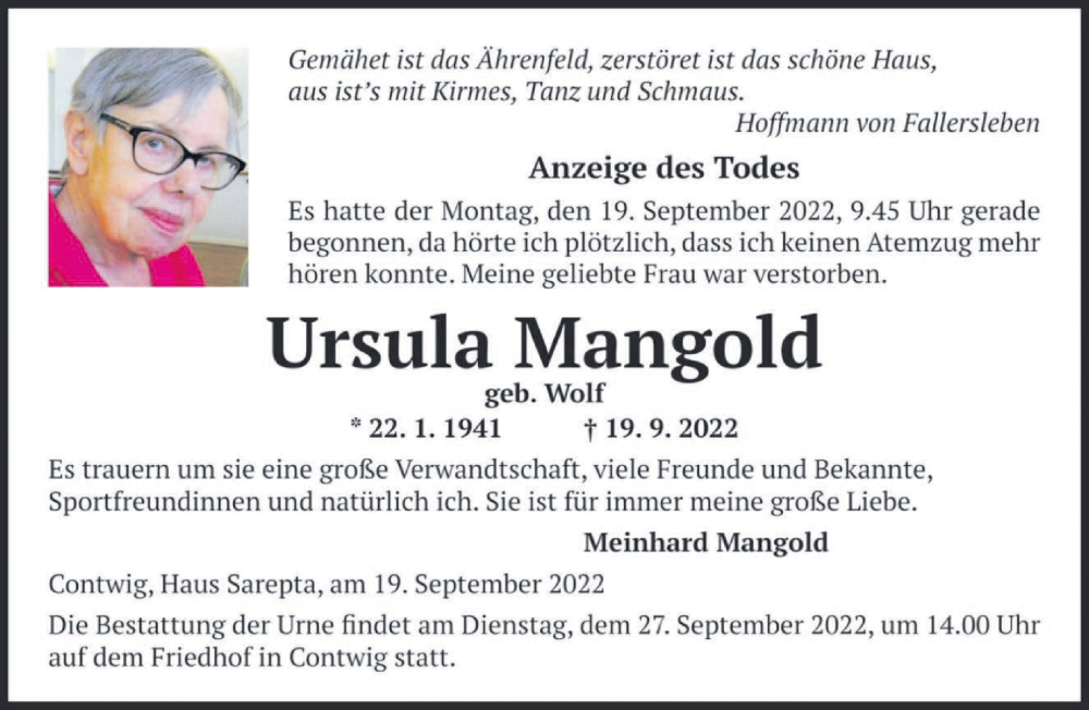  Traueranzeige für Ursula Mangold vom 23.09.2022 aus saarbruecker_zeitung