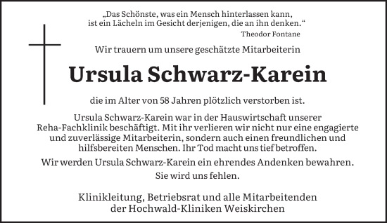 Traueranzeige von Ursula Schwarz-Karein von saarbruecker_zeitung