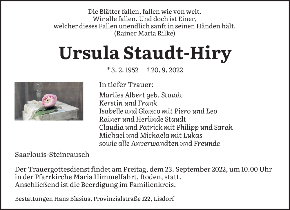  Traueranzeige für Ursula Staudt-Hiry vom 22.09.2022 aus saarbruecker_zeitung