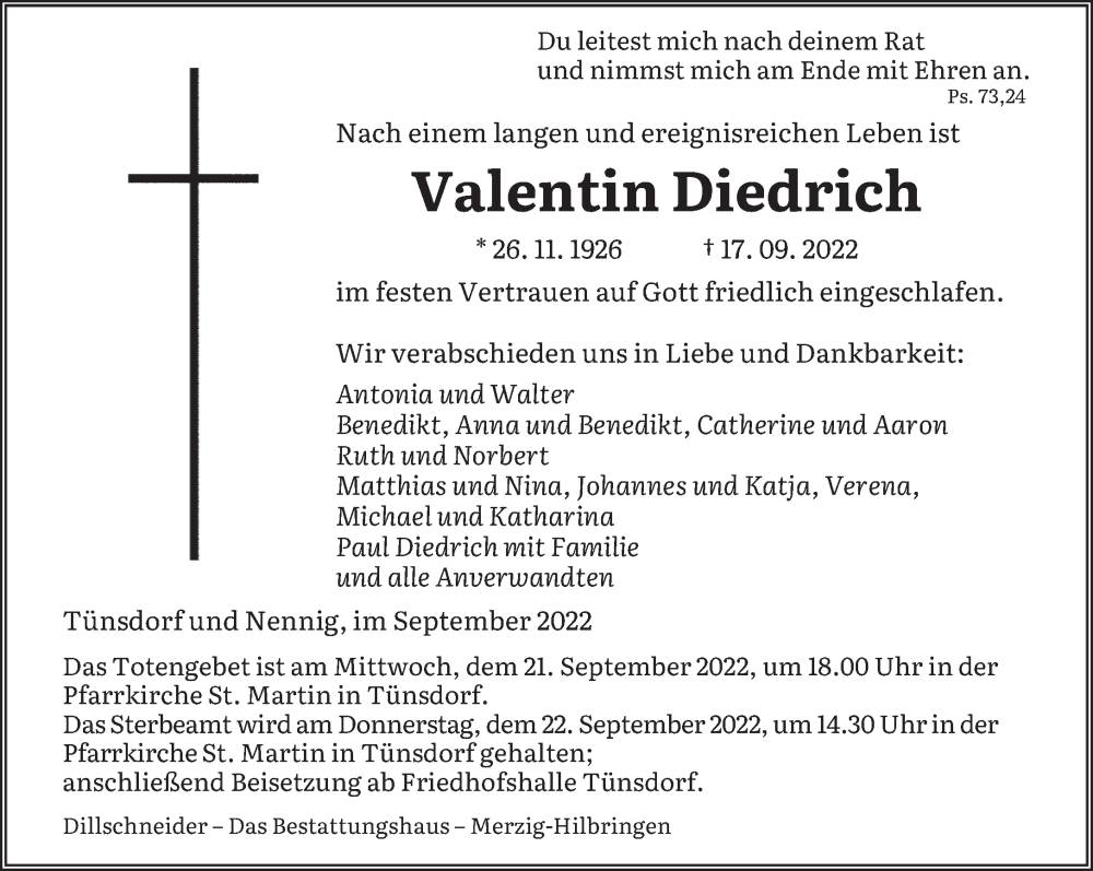  Traueranzeige für Valentin Diedrich vom 20.09.2022 aus saarbruecker_zeitung