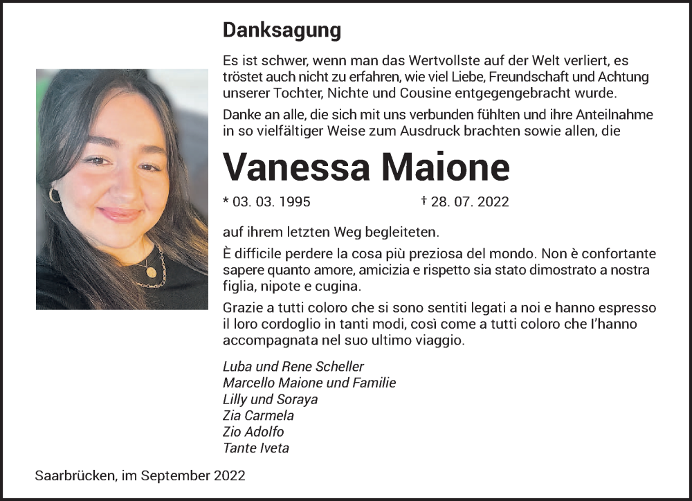  Traueranzeige für Vanessa Maione vom 17.09.2022 aus saarbruecker_zeitung