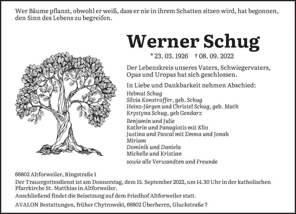  Traueranzeige für Werner Schug vom 10.09.2022 aus saarbruecker_zeitung