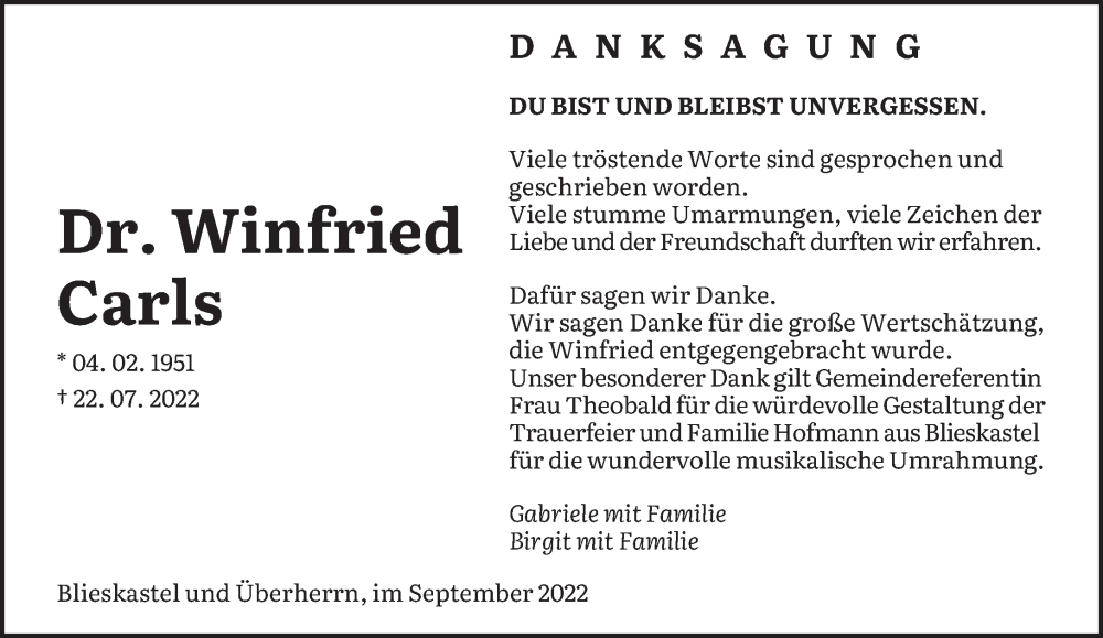  Traueranzeige für Winfried Carls vom 10.09.2022 aus saarbruecker_zeitung