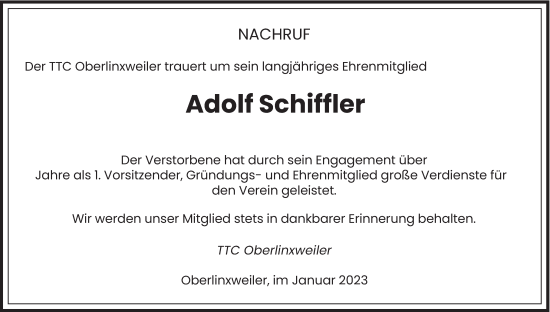 Traueranzeige von Adolf Schiffler von saarbruecker_zeitung