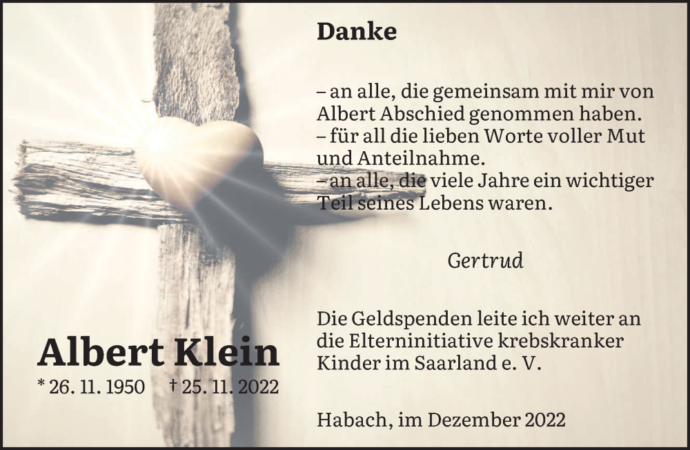  Traueranzeige für Albert Klein vom 31.12.2022 aus saarbruecker_zeitung