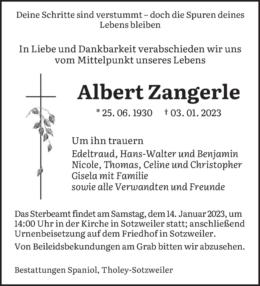  Traueranzeige für Albert Zangerle vom 11.01.2023 aus saarbruecker_zeitung