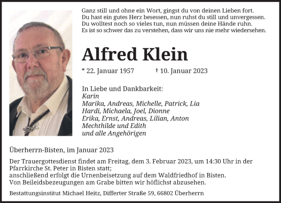 Traueranzeige von Alfred Klein von saarbruecker_zeitung