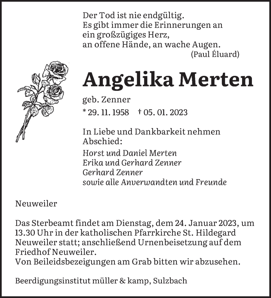  Traueranzeige für Angelika Merten vom 21.01.2023 aus saarbruecker_zeitung