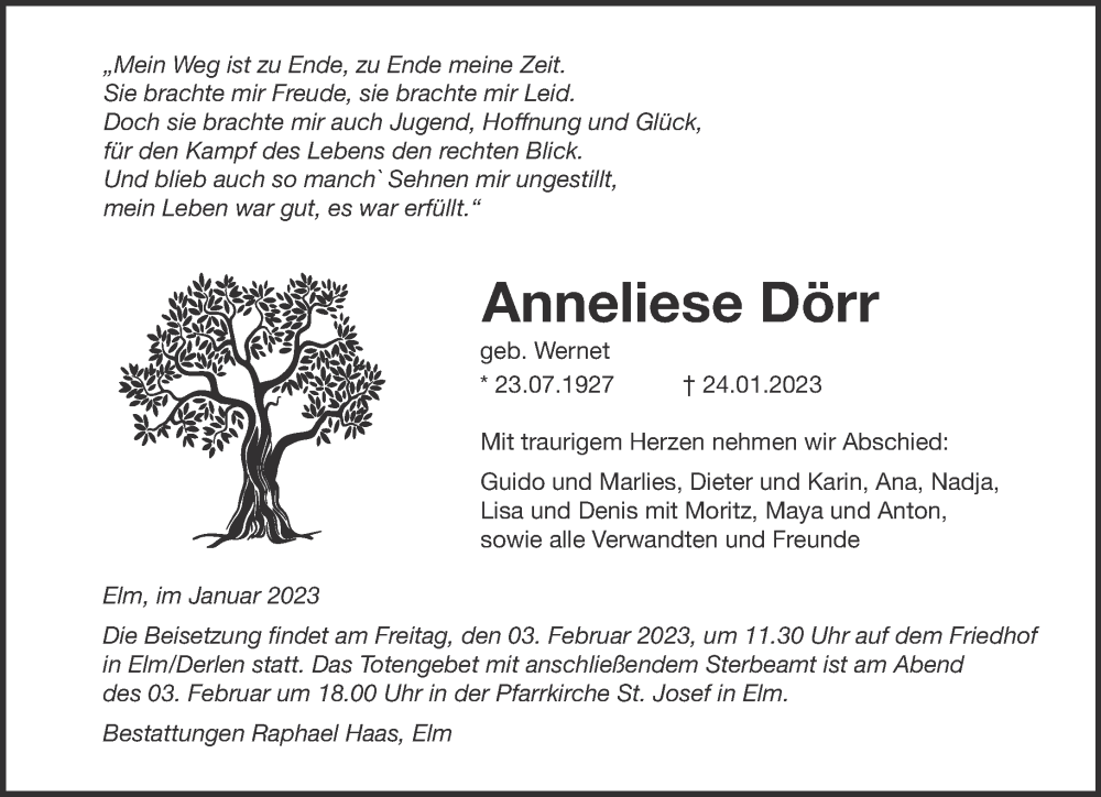  Traueranzeige für Anneliese Dörr vom 28.01.2023 aus saarbruecker_zeitung