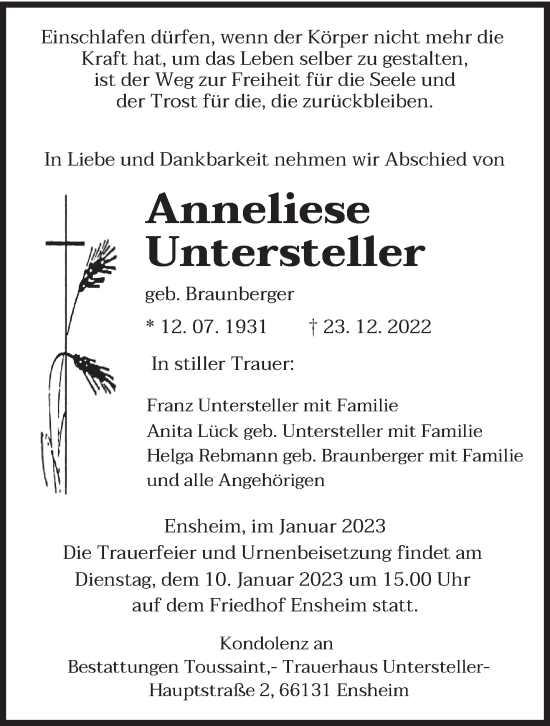 Traueranzeige von Anneliese Untersteller von saarbruecker_zeitung