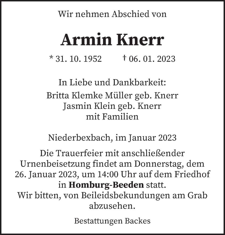  Traueranzeige für Armin Knerr vom 23.01.2023 aus saarbruecker_zeitung