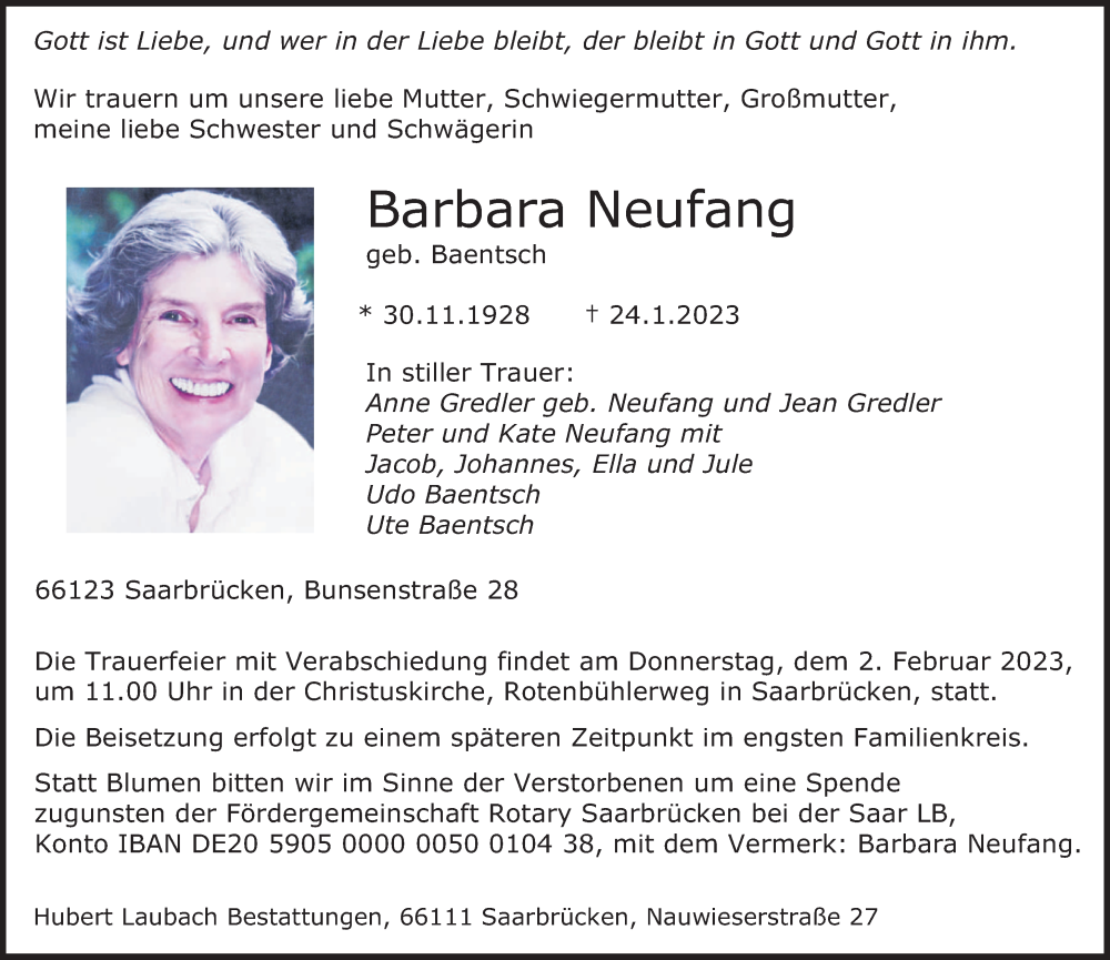  Traueranzeige für Barbara Neufang vom 28.01.2023 aus saarbruecker_zeitung