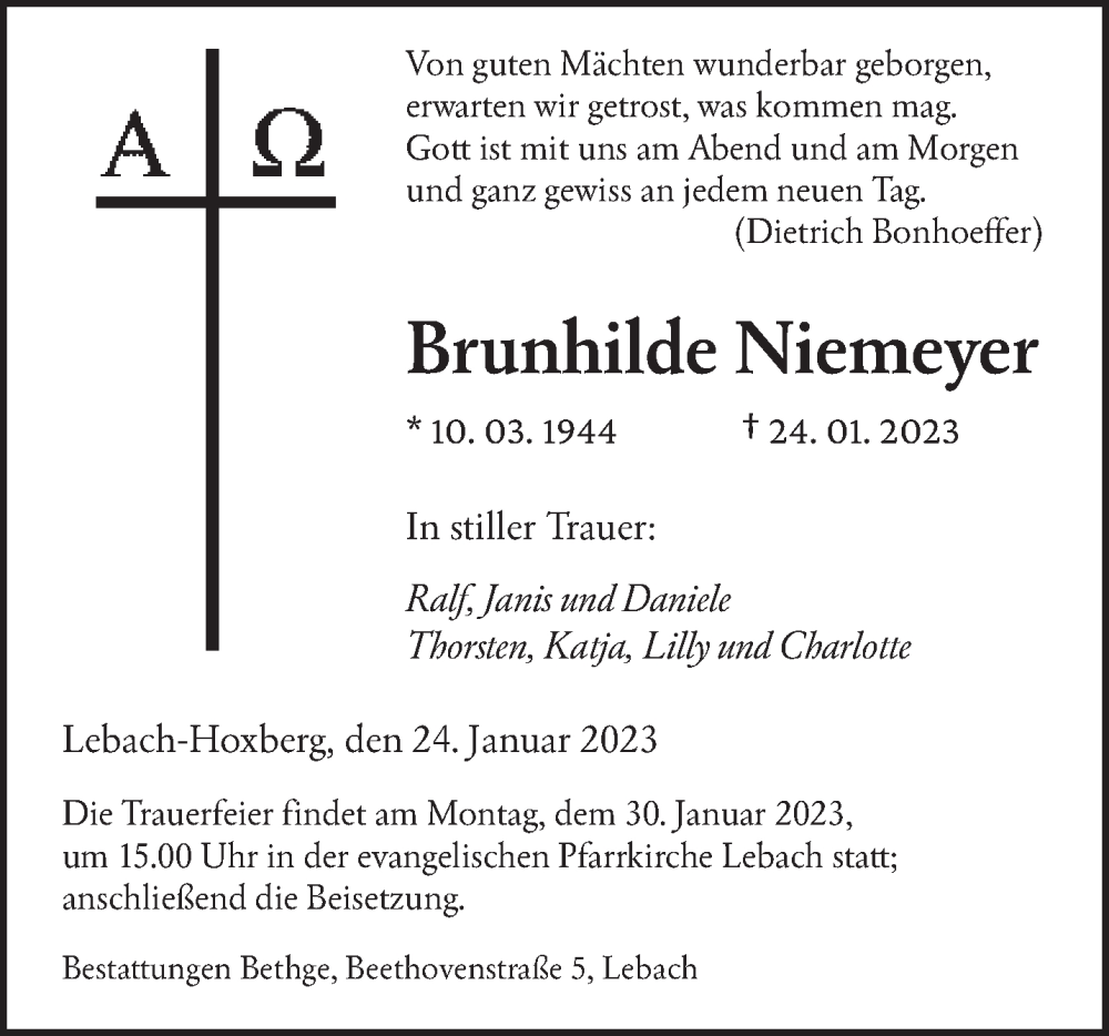  Traueranzeige für Brunhilde Niemeyer vom 28.01.2023 aus saarbruecker_zeitung