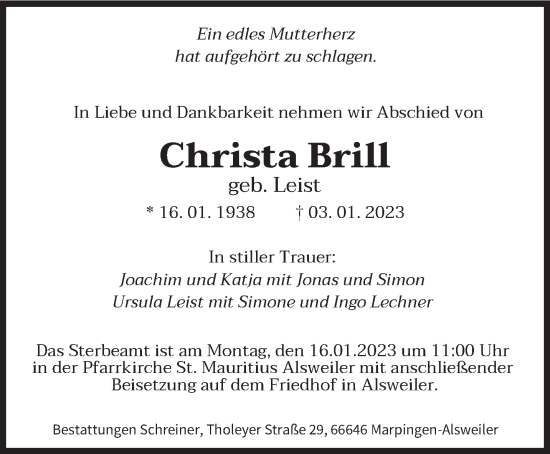 Traueranzeige von Christa Brill von saarbruecker_zeitung