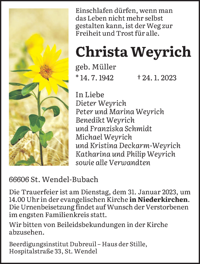  Traueranzeige für Christa Weyrich vom 28.01.2023 aus saarbruecker_zeitung