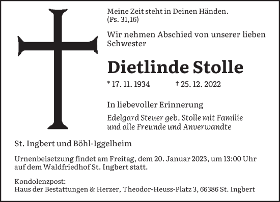 Traueranzeige von Dietlinde Stolle von saarbruecker_zeitung