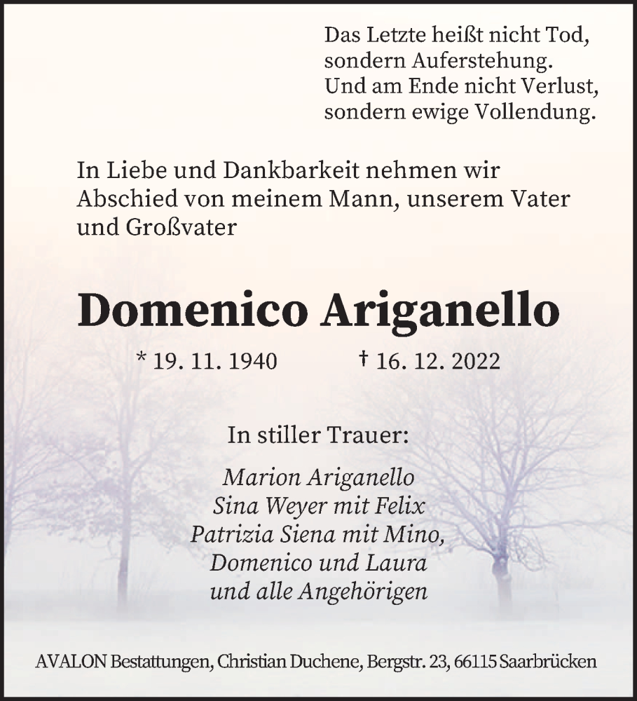  Traueranzeige für Domenico Ariganello vom 24.12.2022 aus saarbruecker_zeitung