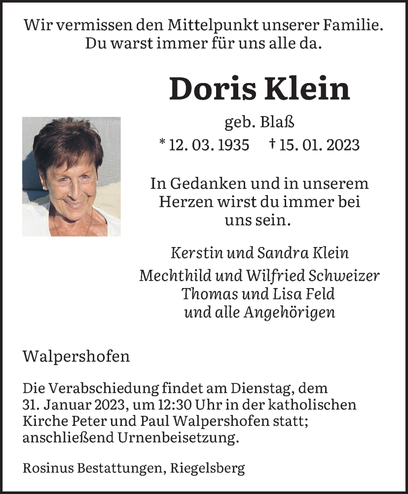  Traueranzeige für Doris Klein vom 28.01.2023 aus saarbruecker_zeitung