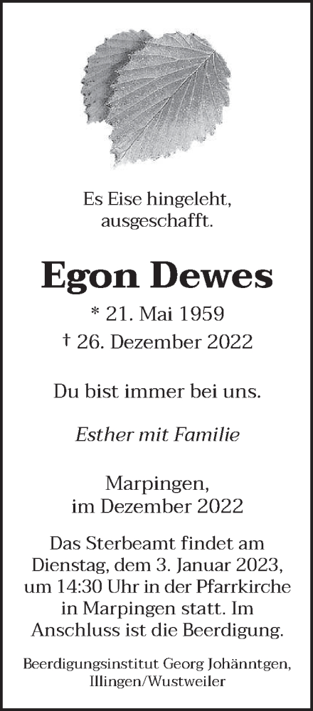  Traueranzeige für Egon Dewes vom 31.12.2022 aus saarbruecker_zeitung