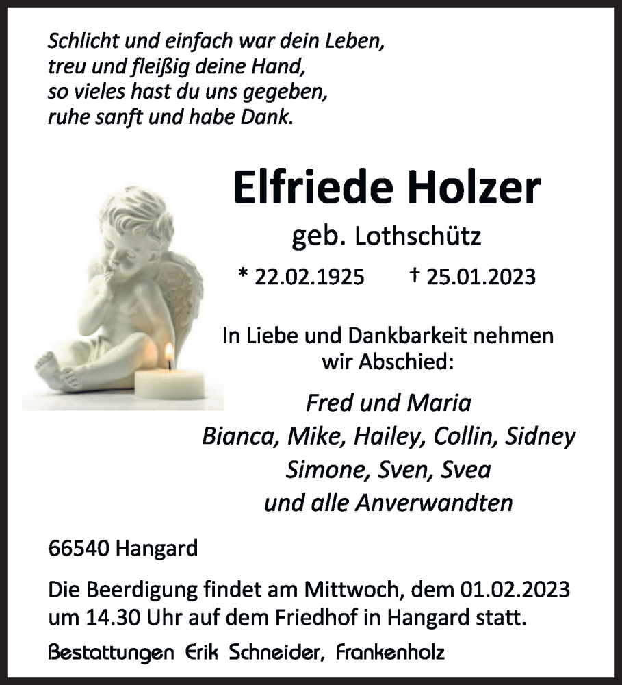  Traueranzeige für Elfriede Holzer vom 28.01.2023 aus saarbruecker_zeitung