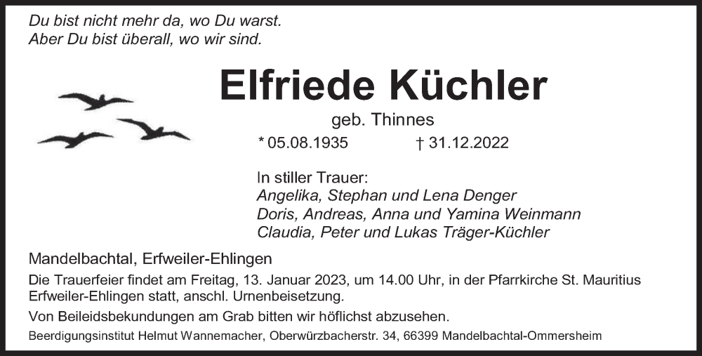  Traueranzeige für Elfriede Küchler vom 07.01.2023 aus saarbruecker_zeitung