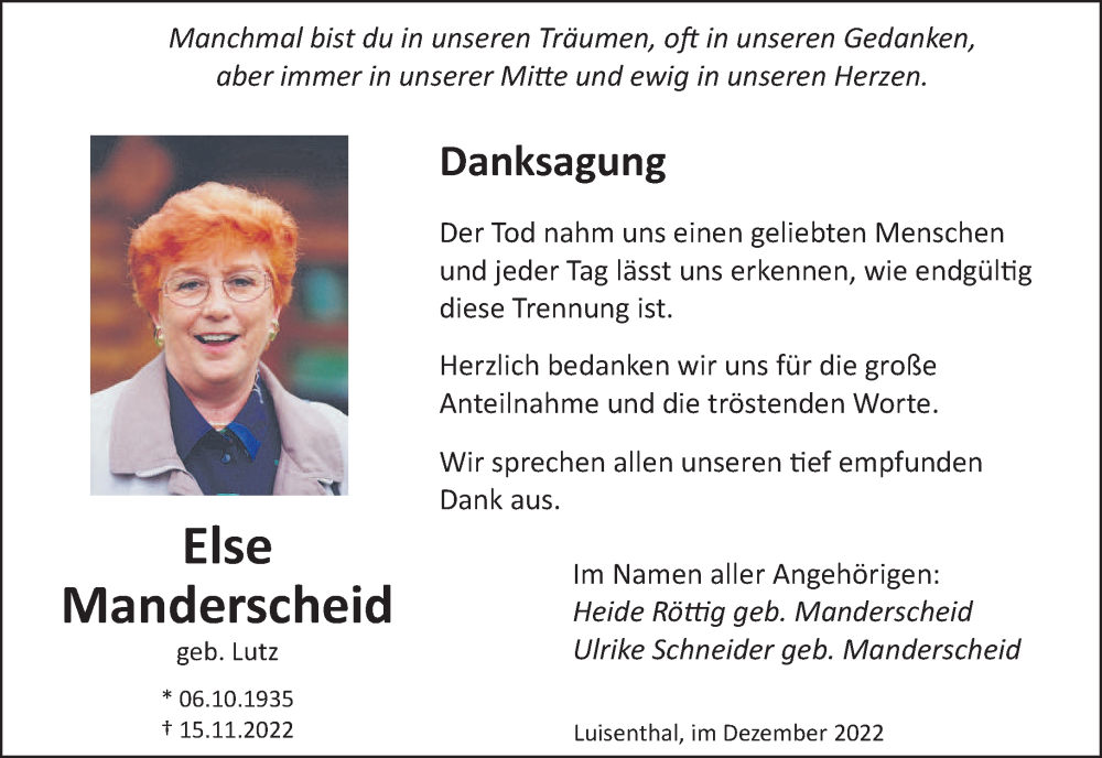  Traueranzeige für Else Manderscheid vom 24.12.2022 aus saarbruecker_zeitung