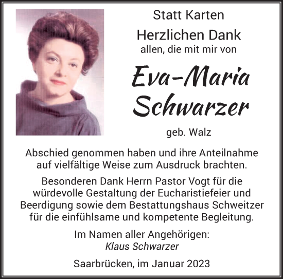 Traueranzeige von Eva-Maria Schwarzer von saarbruecker_zeitung
