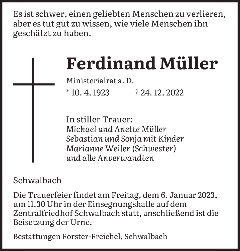  Traueranzeige für Ferdinand Müller vom 04.01.2023 aus saarbruecker_zeitung