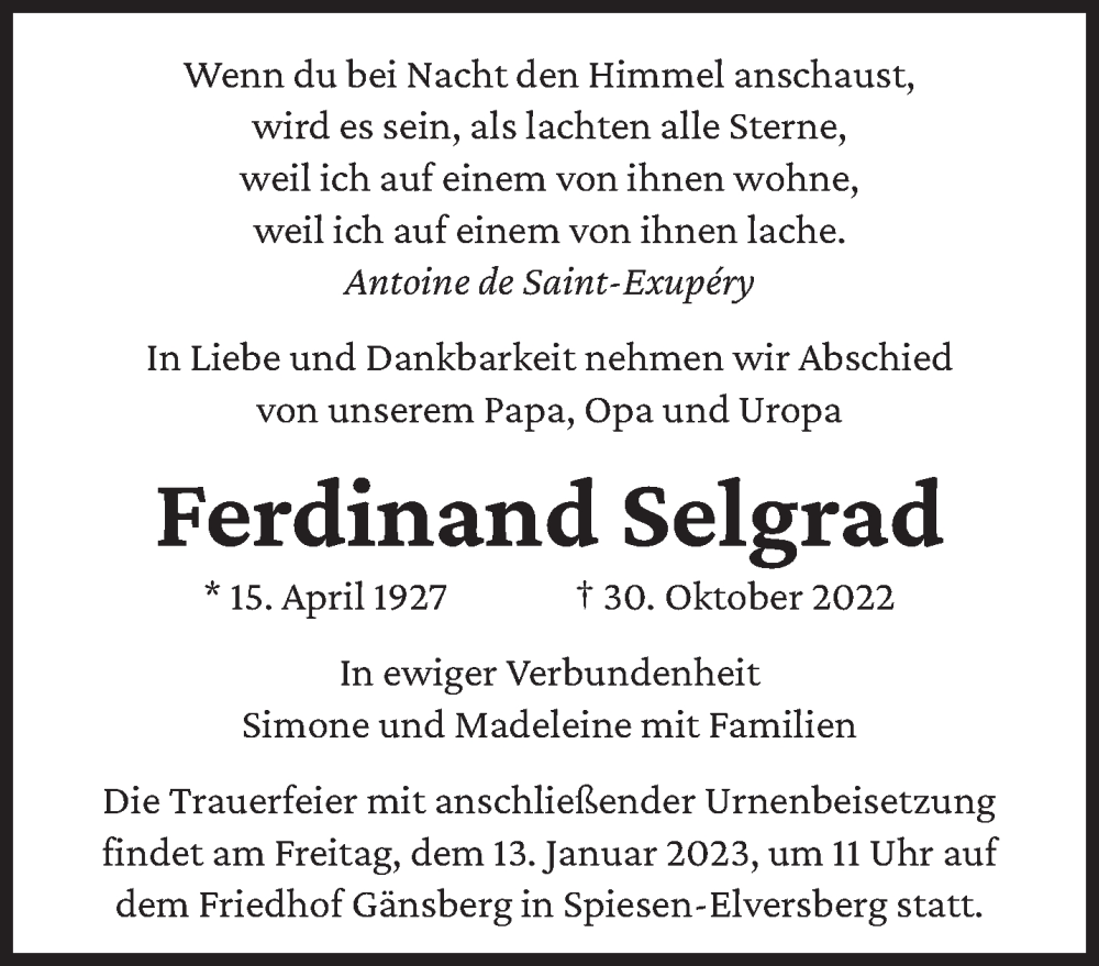  Traueranzeige für Ferdinand Selgrad vom 07.01.2023 aus saarbruecker_zeitung