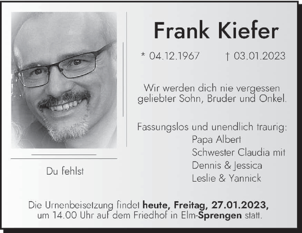  Traueranzeige für Frank Kiefer vom 27.01.2023 aus saarbruecker_zeitung