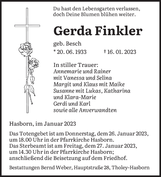 Traueranzeige von Gerda Finkler von saarbruecker_zeitung