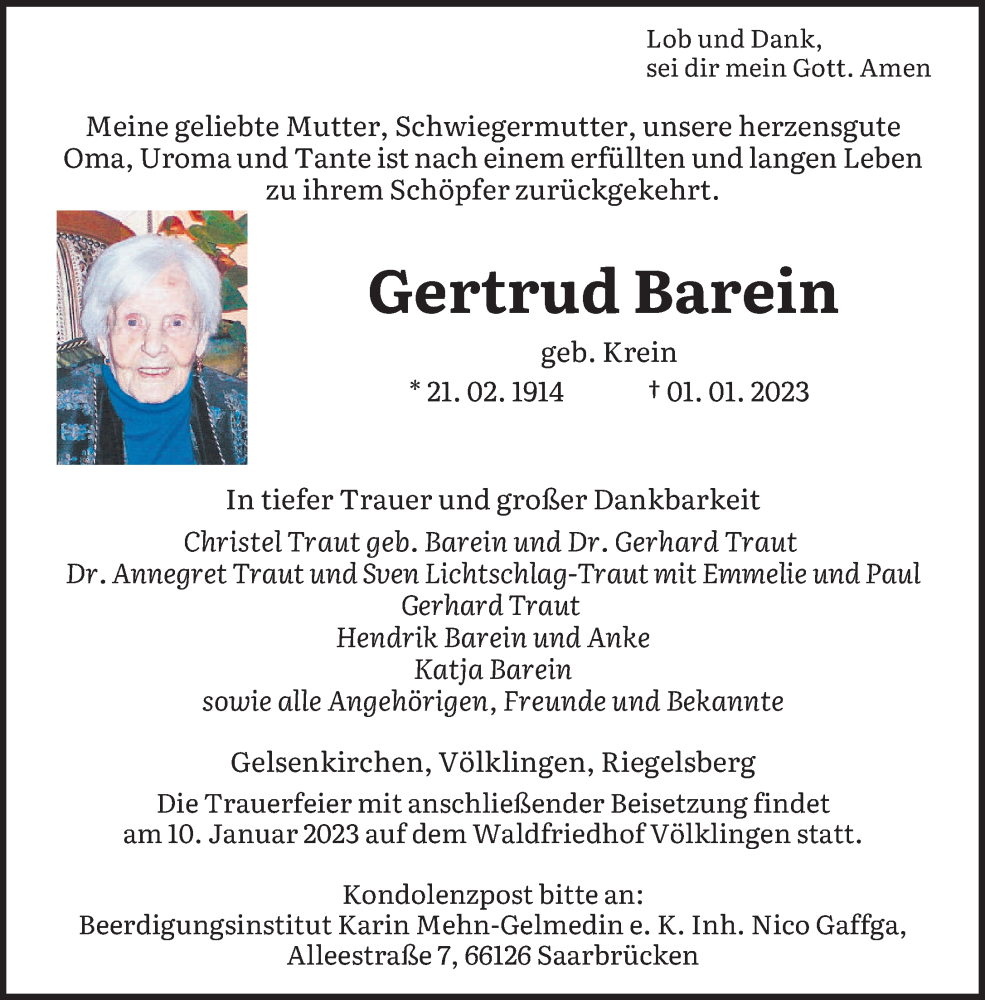  Traueranzeige für Gertrud Barein vom 07.01.2023 aus saarbruecker_zeitung