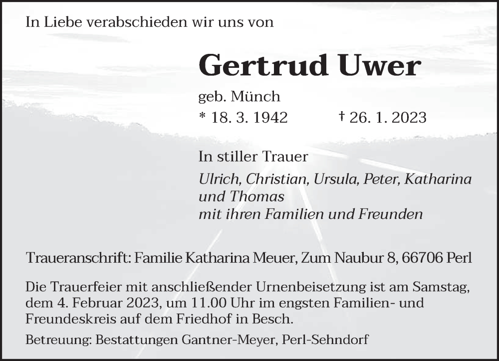  Traueranzeige für Gertrud Uwer vom 28.01.2023 aus saarbruecker_zeitung