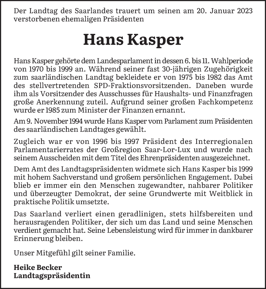  Traueranzeige für Hans Kasper vom 28.01.2023 aus saarbruecker_zeitung